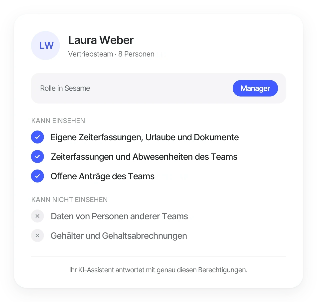 Profil einer Managerin mit ihrer Rolle und dem, was sie in Sesame sehen darf