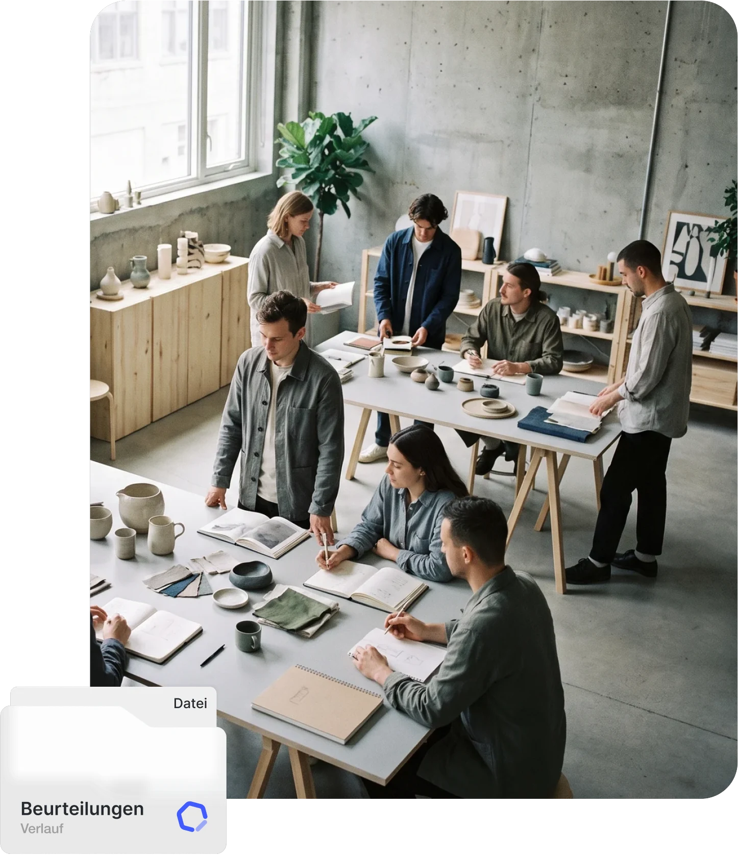 Team in der Werkstatt, mit Ordner für Bewertungen