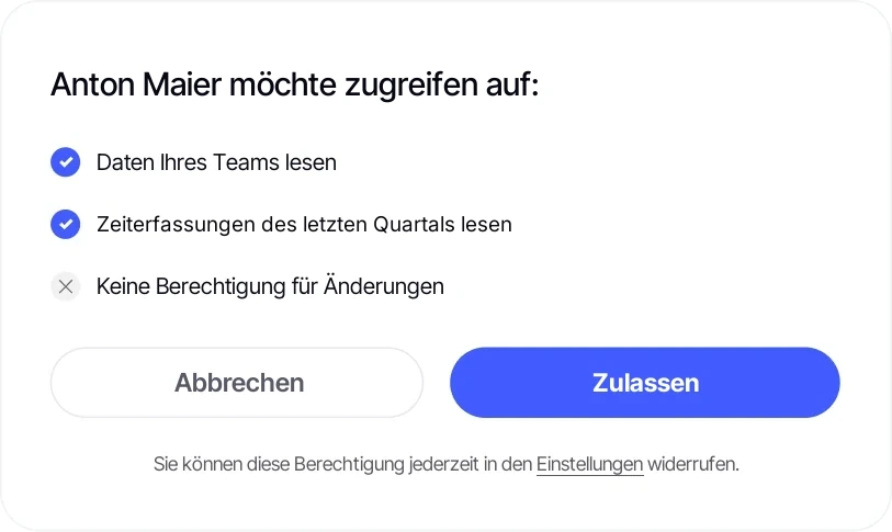 Berechtigungsdialog: Team- und Zeiterfassungsdaten lesen, ohne Berechtigung, etwas zu ändern