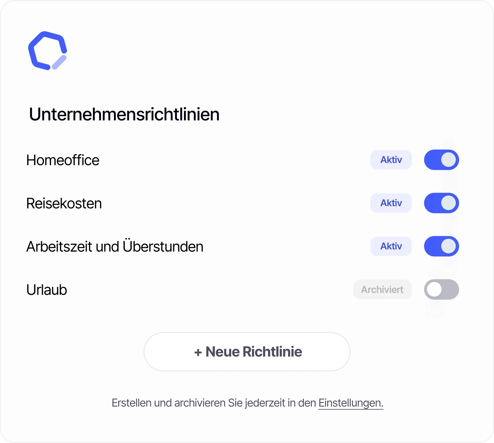 Übersicht der Unternehmensrichtlinien in Sesame mit aktiven Richtlinien zu Homeoffice, Ausgaben und Arbeitszeiten