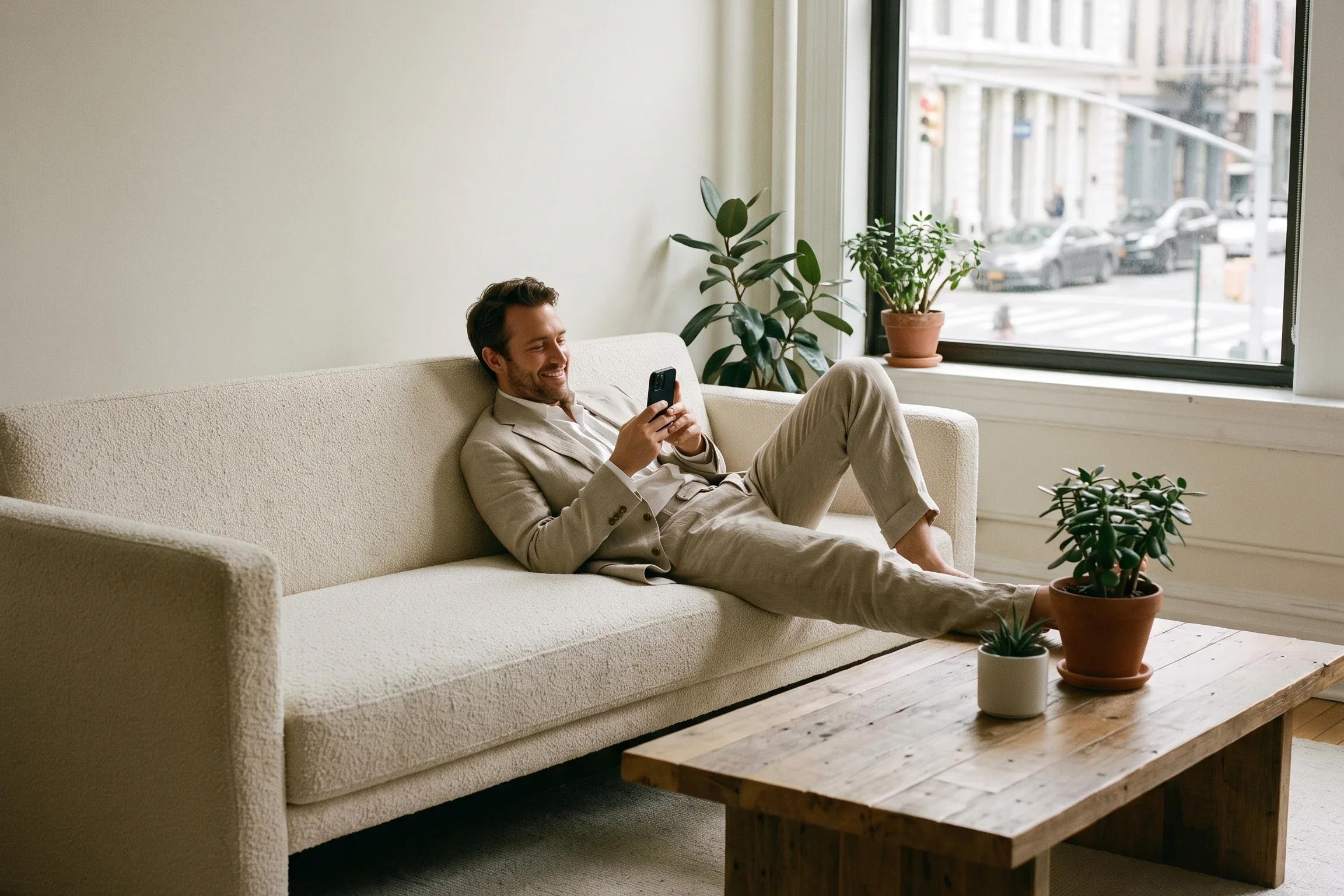 Entspannter Mitarbeiter auf dem Sofa, der seine Arbeitszeiterfassung auf dem Smartphone prüft
