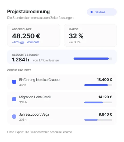 Mit Sesame Studio gebautes ERP für die Projektabrechnung, mit den Stunden aus den Zeiterfassungen