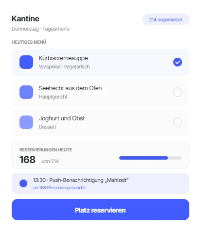 Kantinen-App mit Tagesmenü, Reservierungen und Push-Benachrichtigung